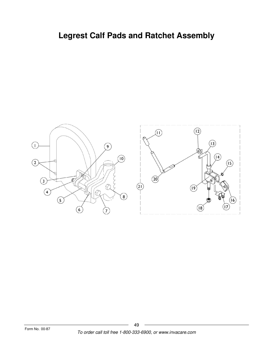 Invacare Spyder manual Legrest Calf Pads and Ratchet Assembly 