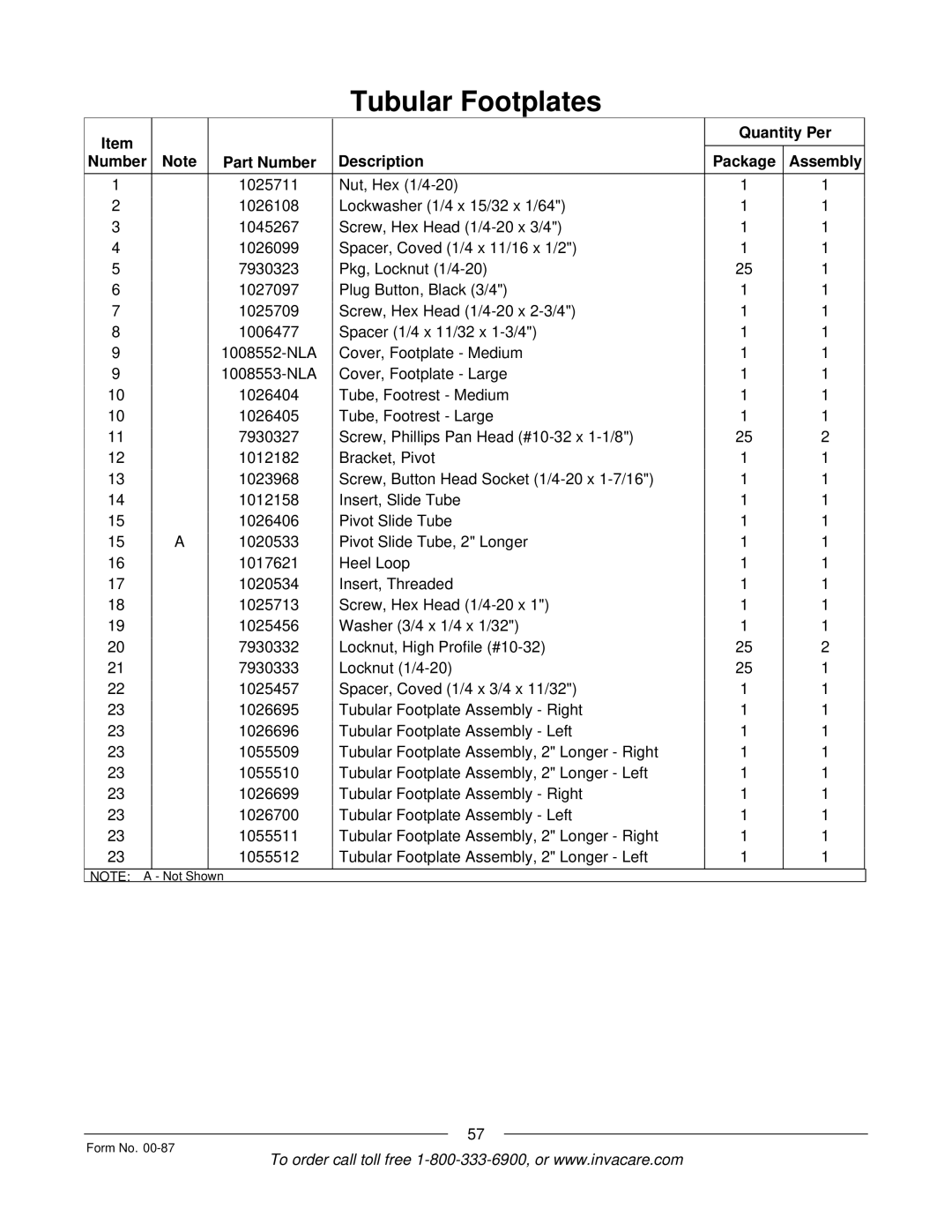 Invacare Spyder manual Quantity Per Number Part Number Description Package Assembly 