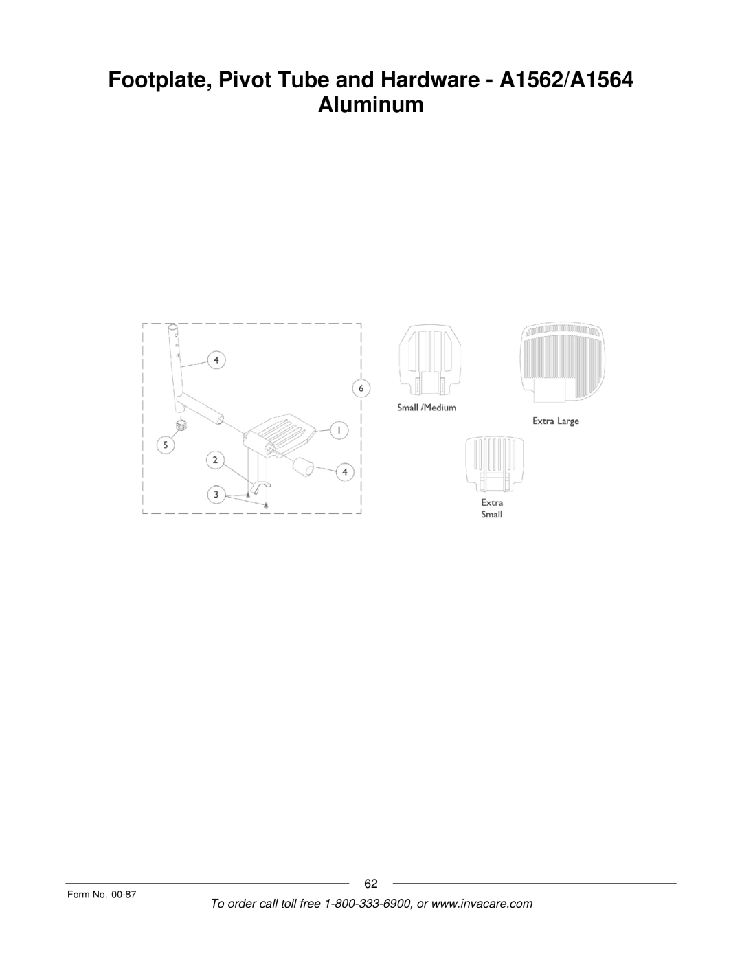 Invacare Spyder manual Footplate, Pivot Tube and Hardware A1562/A1564 Aluminum 