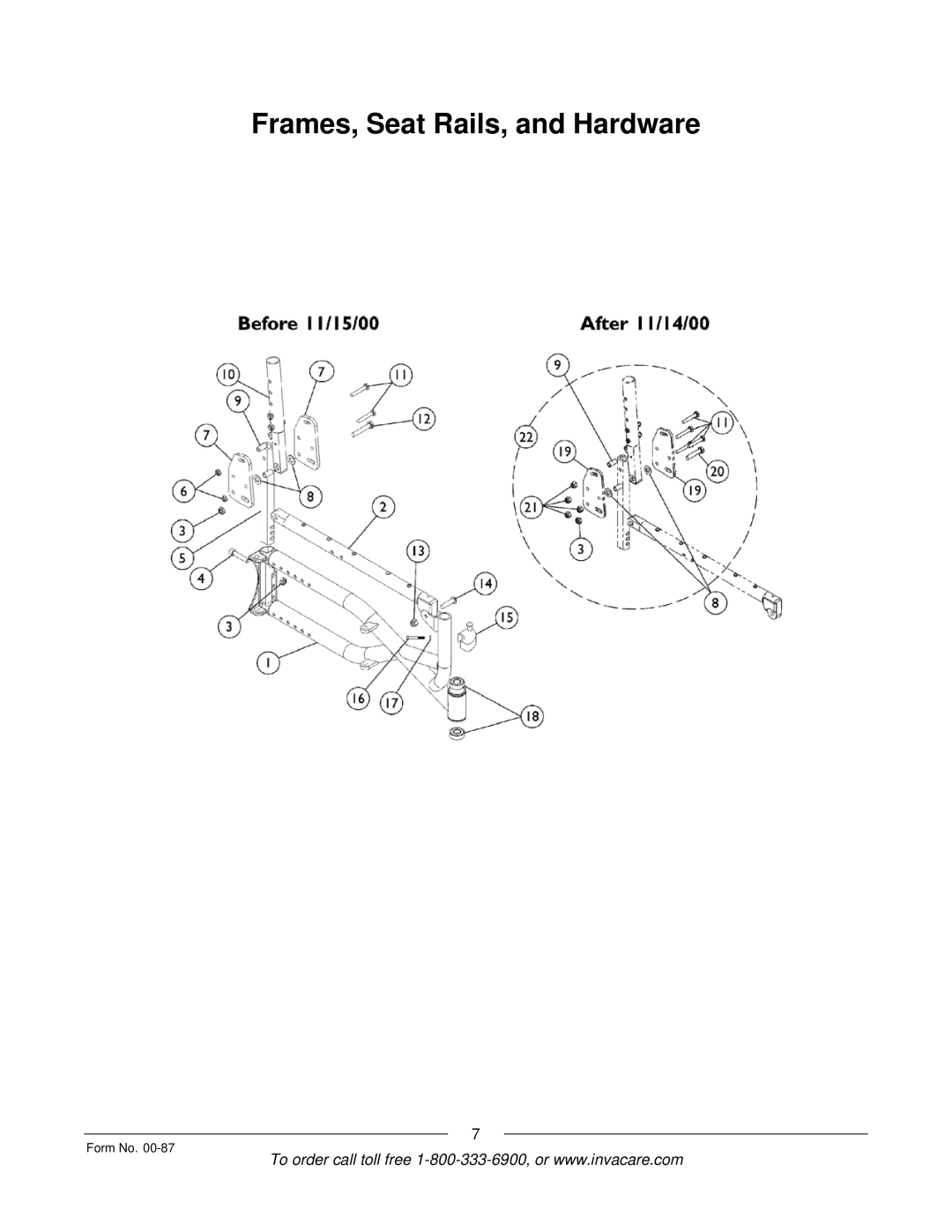 Invacare Spyder manual Frames, Seat Rails, and Hardware 