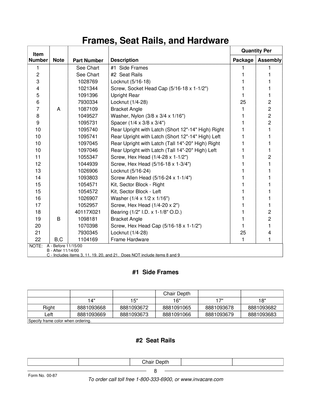 Invacare Spyder manual #1 Side Frames, #2 Seat Rails 