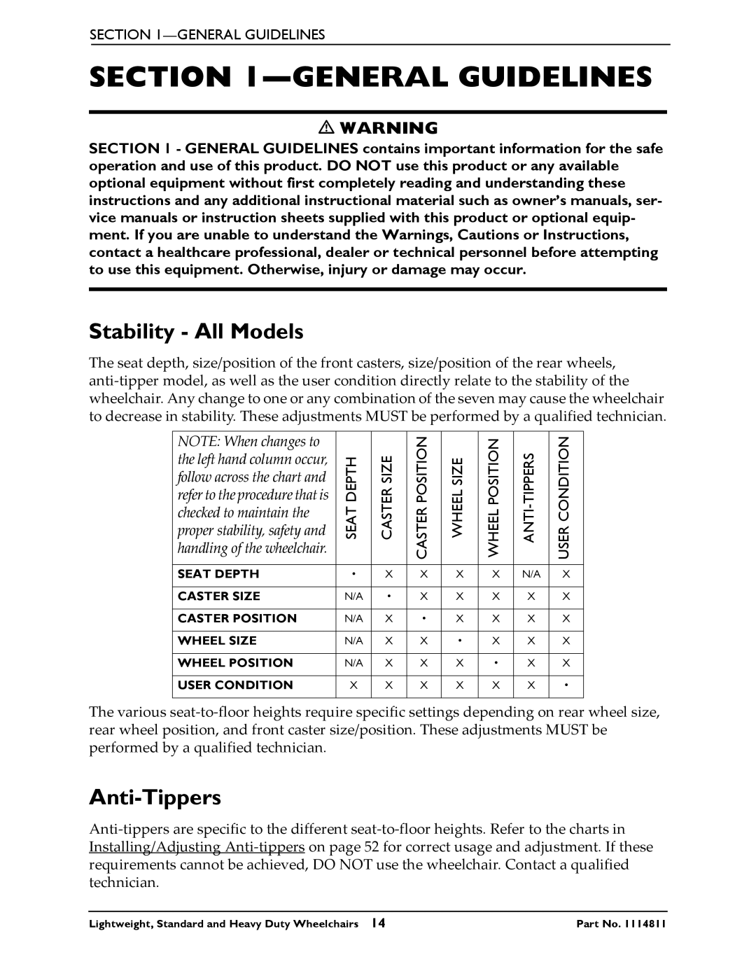 Invacare Lightweight, Standard and Heavy Duty Wheelchairs manual General Guidelines, Stability All Models, Anti-Tippers 