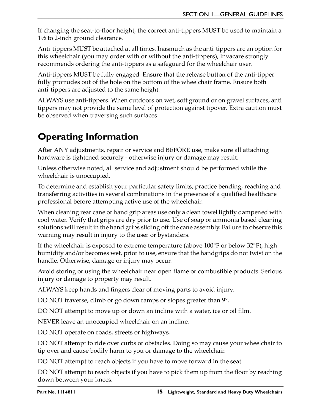 Invacare Standard and Heavy Duty Wheelchairs, Lightweight manual Operating Information 
