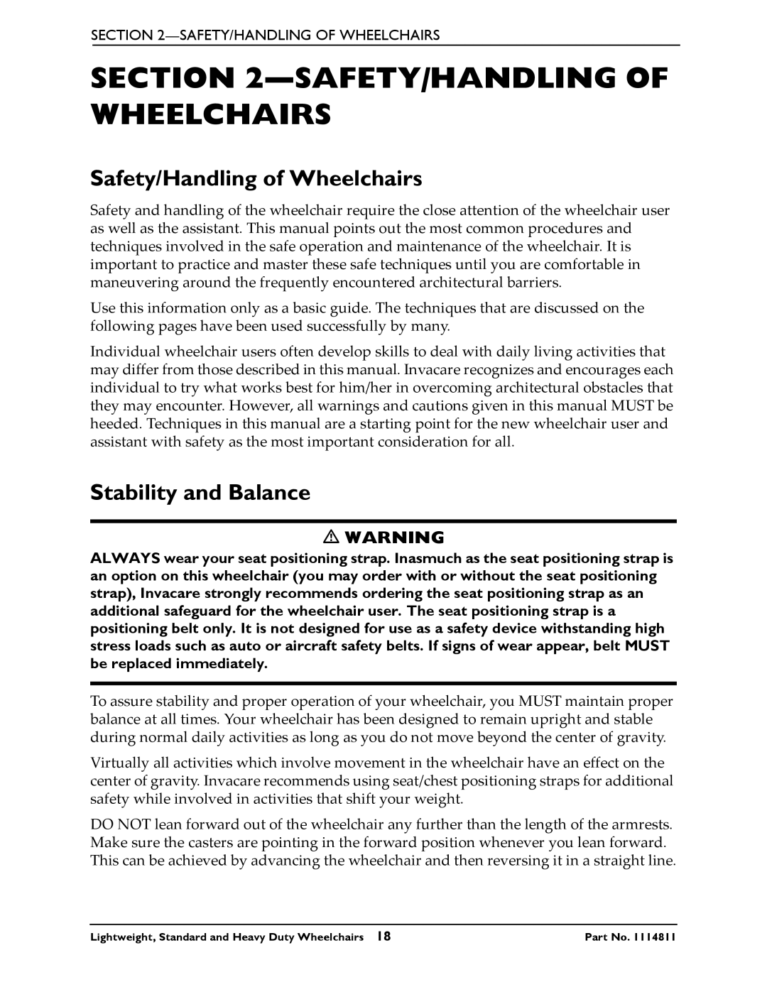 Invacare Lightweight manual SAFETY/HANDLING of Wheelchairs, Safety/Handling of Wheelchairs, Stability and Balance 