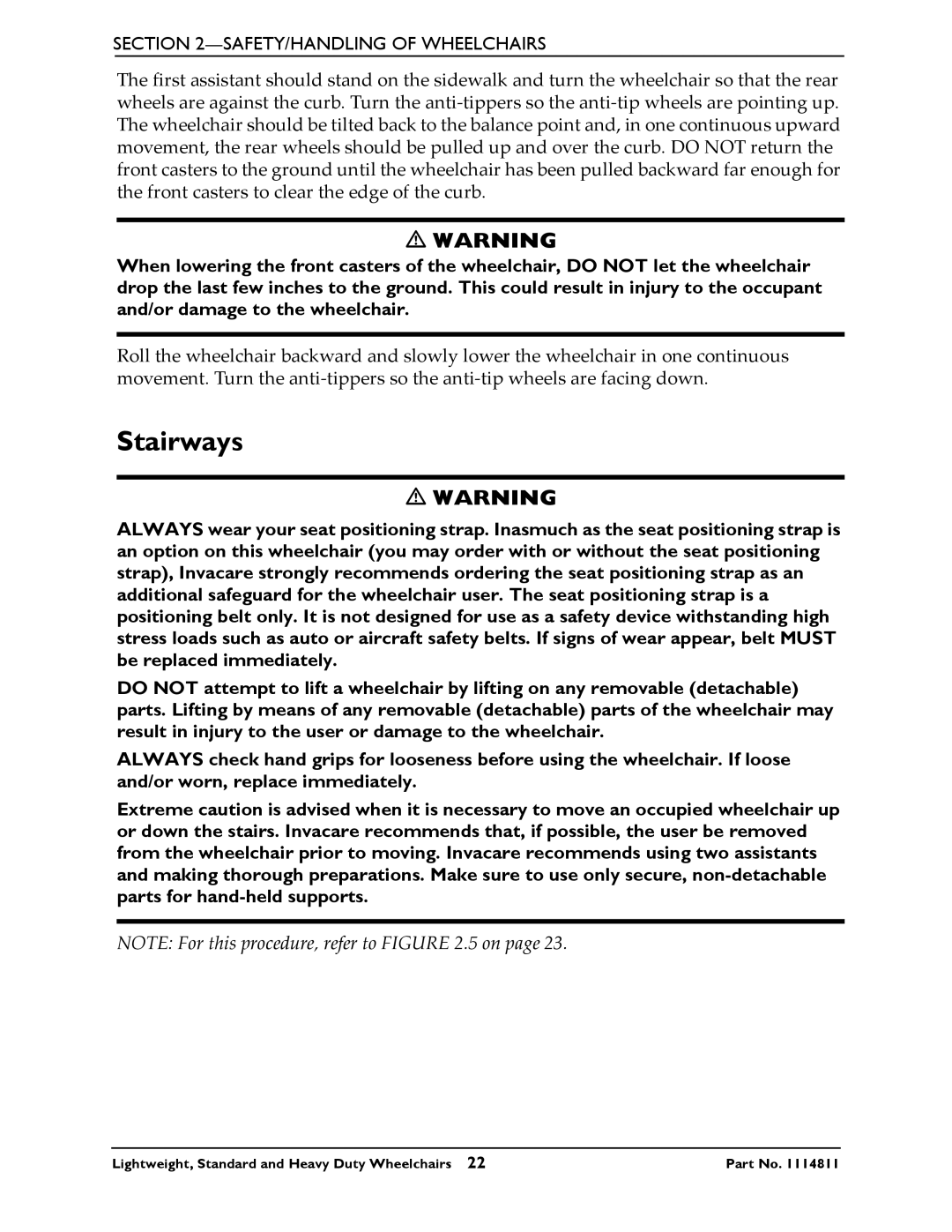 Invacare Lightweight, Standard and Heavy Duty Wheelchairs manual Stairways 