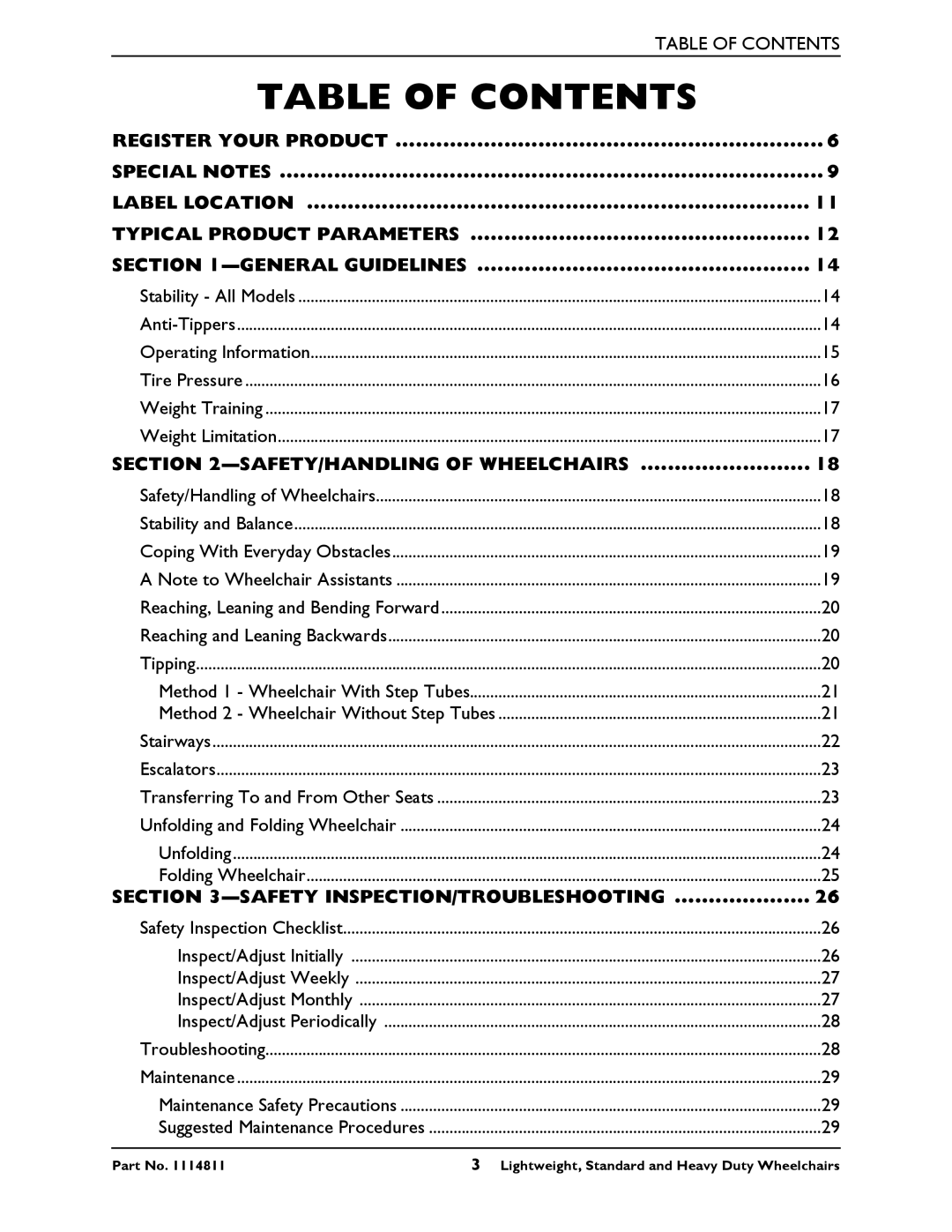 Invacare Standard and Heavy Duty Wheelchairs, Lightweight manual Table of Contents 