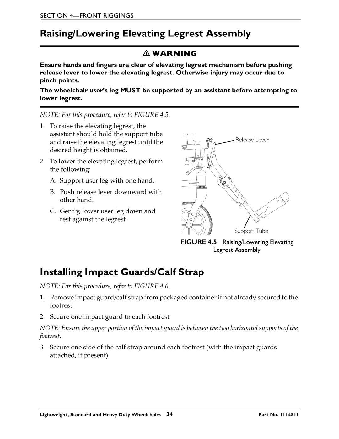 Invacare Lightweight manual Raising/Lowering Elevating Legrest Assembly, Installing Impact Guards/Calf Strap 