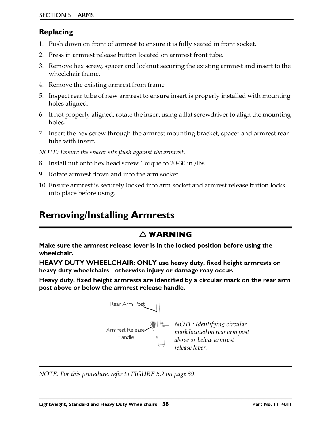 Invacare Lightweight, Standard and Heavy Duty Wheelchairs manual Removing/Installing Armrests, Replacing 