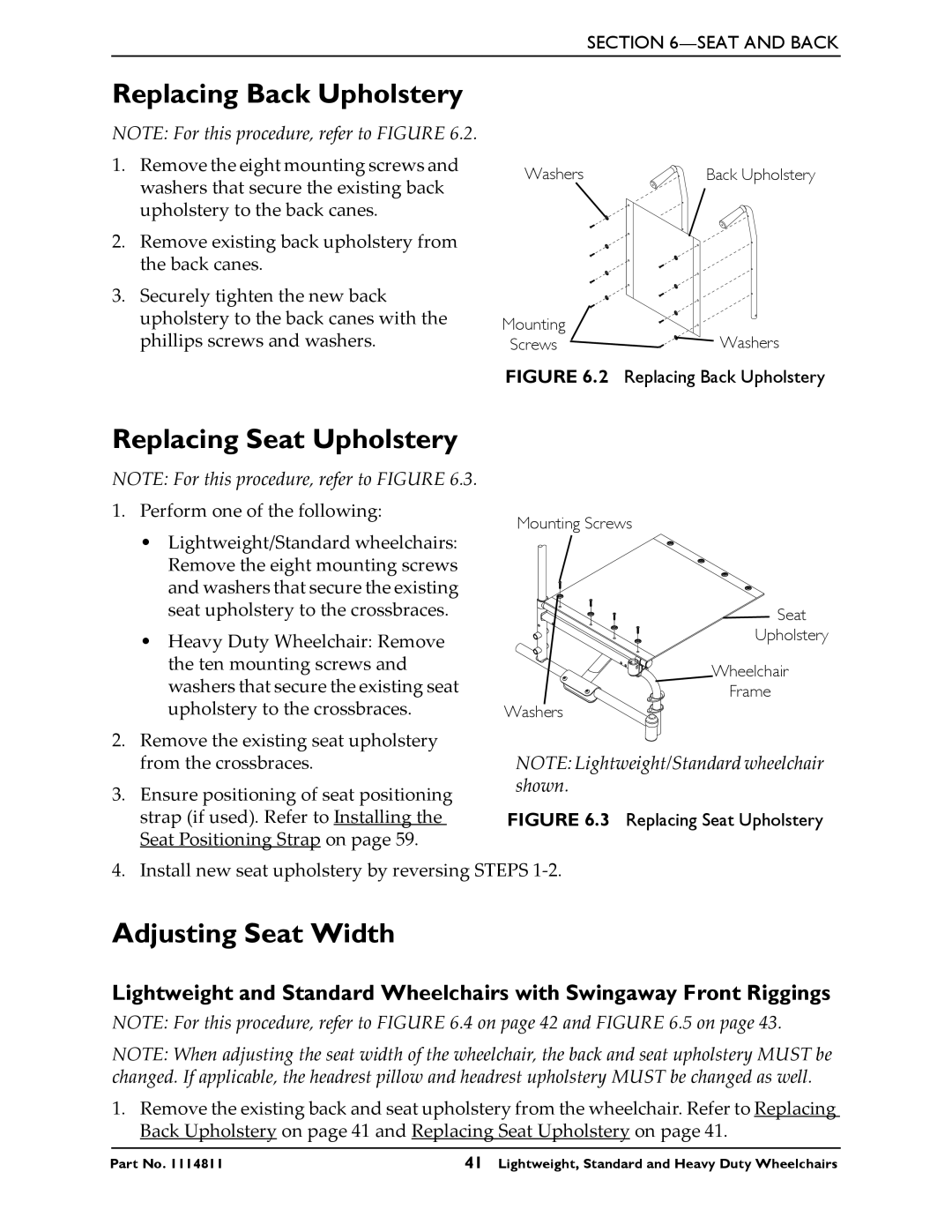 Invacare Standard and Heavy Duty Wheelchairs Replacing Back Upholstery, Replacing Seat Upholstery, Adjusting Seat Width 