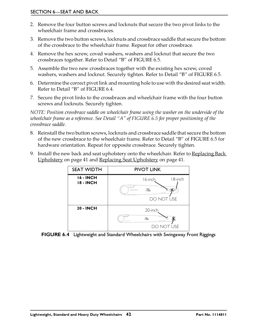 Invacare Lightweight, Standard and Heavy Duty Wheelchairs manual Pivot Link 