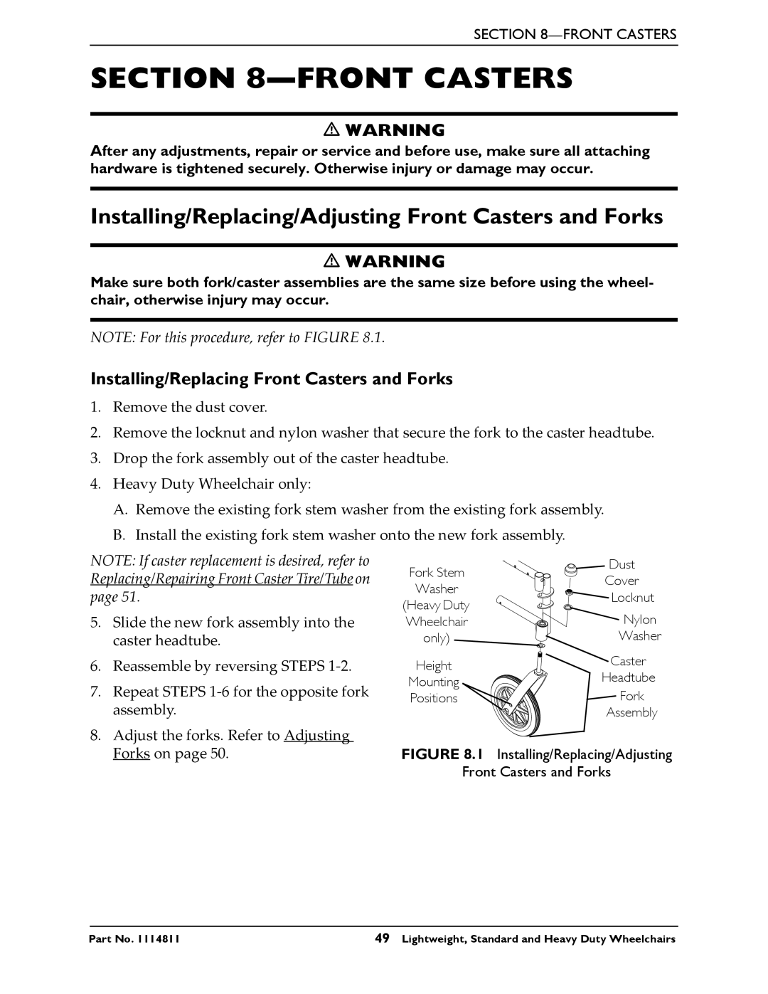 Invacare Standard and Heavy Duty Wheelchairs, Lightweight manual Installing/Replacing/Adjusting Front Casters and Forks 