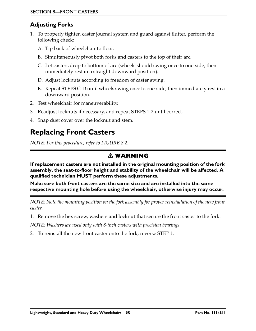 Invacare Lightweight, Standard and Heavy Duty Wheelchairs manual Replacing Front Casters, Adjusting Forks 