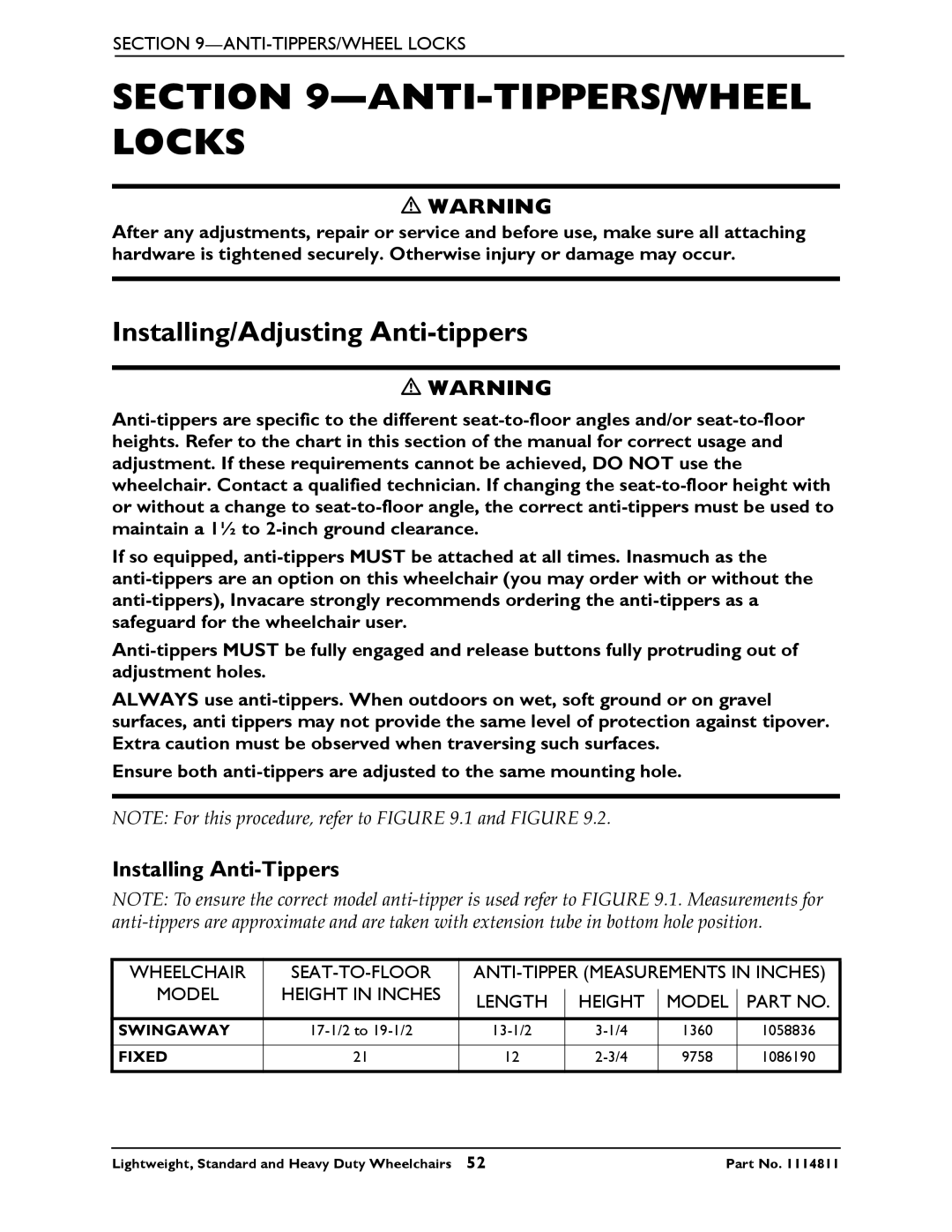 Invacare Lightweight manual ANTI-TIPPERS/WHEEL Locks, Installing/Adjusting Anti-tippers, Installing Anti-Tippers 