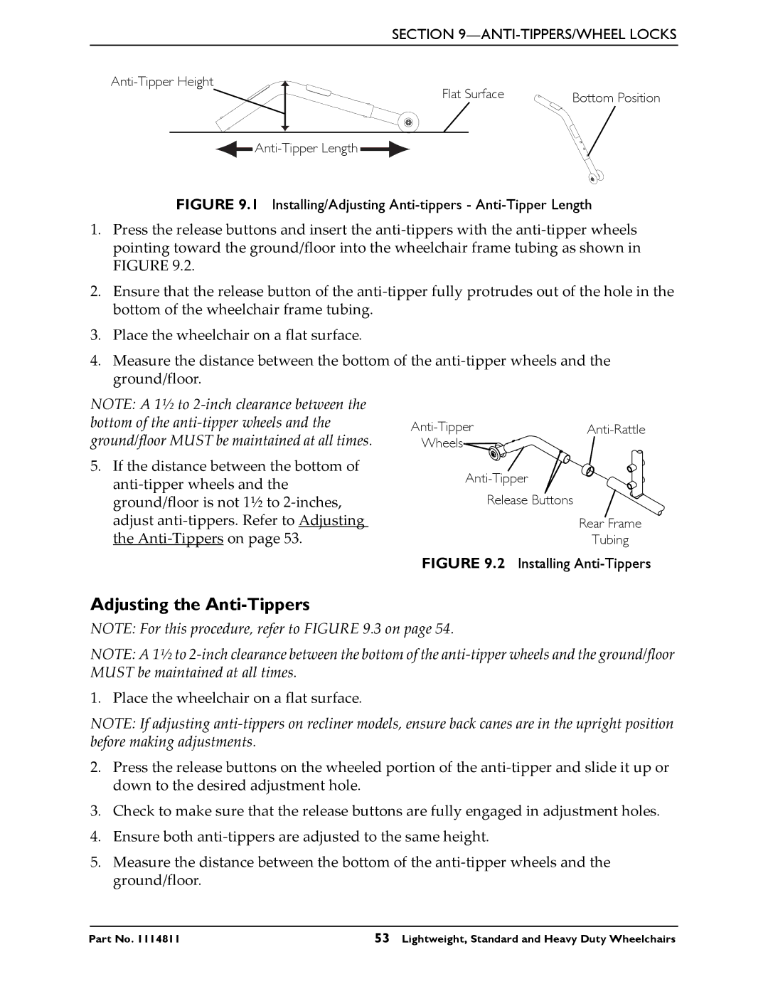 Invacare Standard and Heavy Duty Wheelchairs, Lightweight manual Adjusting the Anti-Tippers 