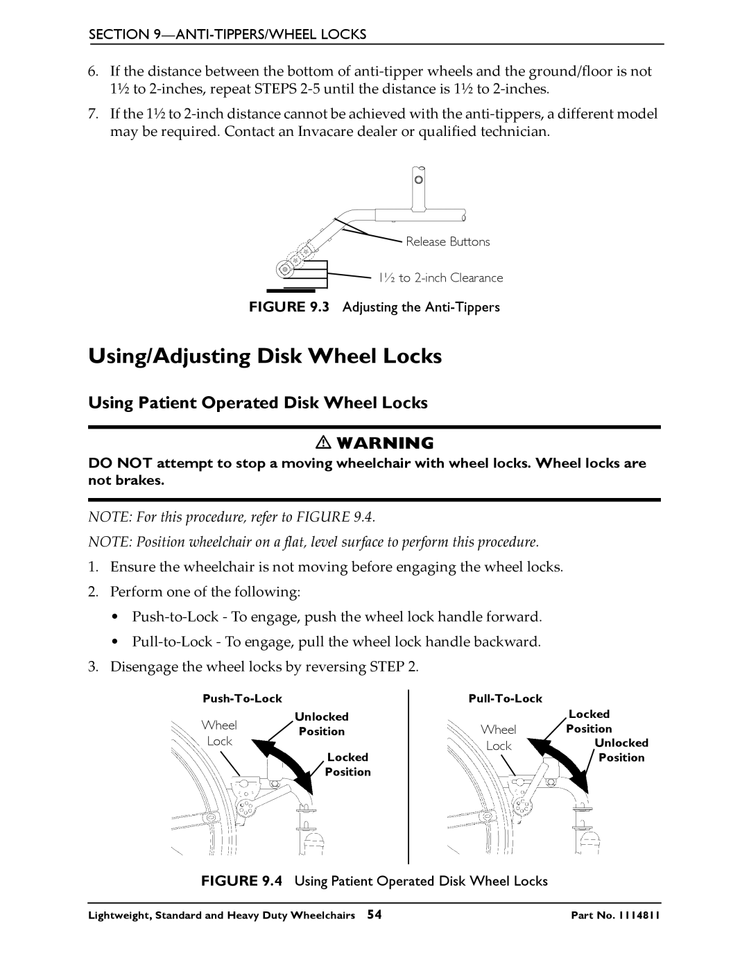 Invacare Lightweight manual Using/Adjusting Disk Wheel Locks, Using Patient Operated Disk Wheel Locks 