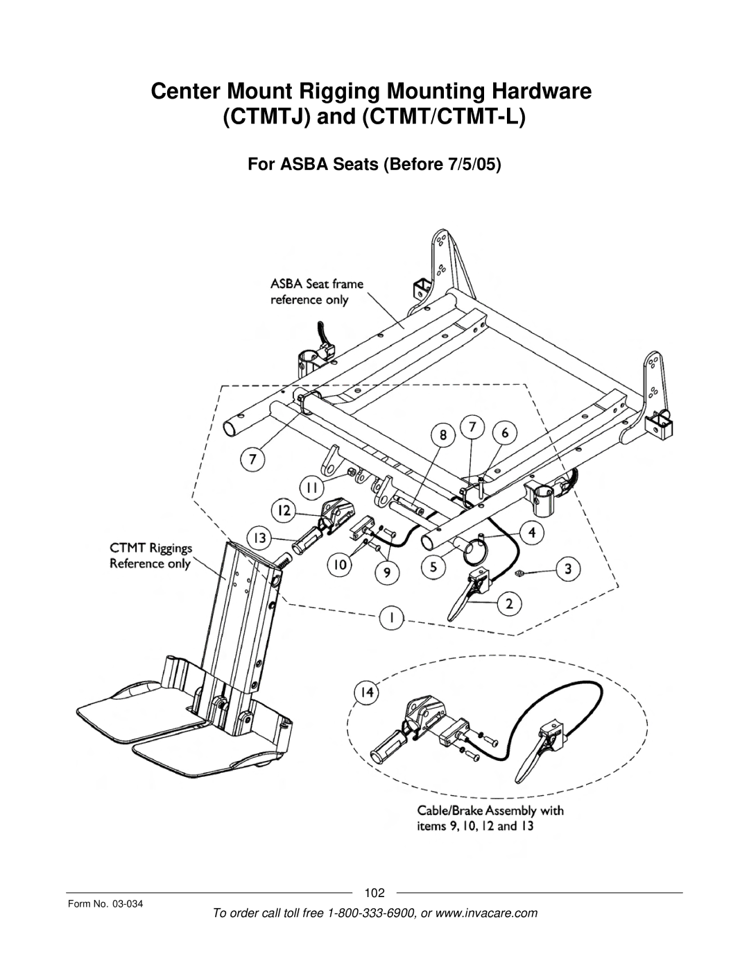 Invacare Storm Series manual Center Mount Rigging Mounting Hardware Ctmtj and CTMT/CTMT-L 