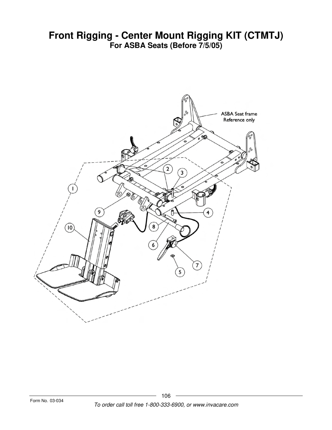 Invacare Storm Series manual Front Rigging Center Mount Rigging KIT Ctmtj 