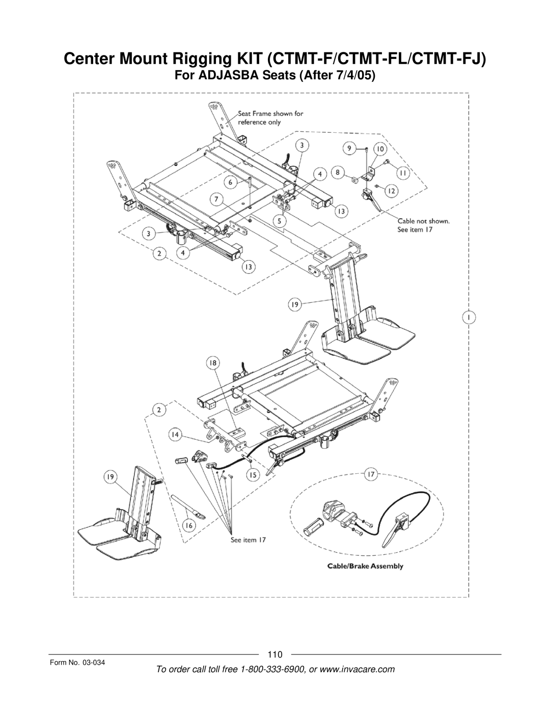 Invacare Storm Series manual Center Mount Rigging KIT CTMT-F/CTMT-FL/CTMT-FJ 