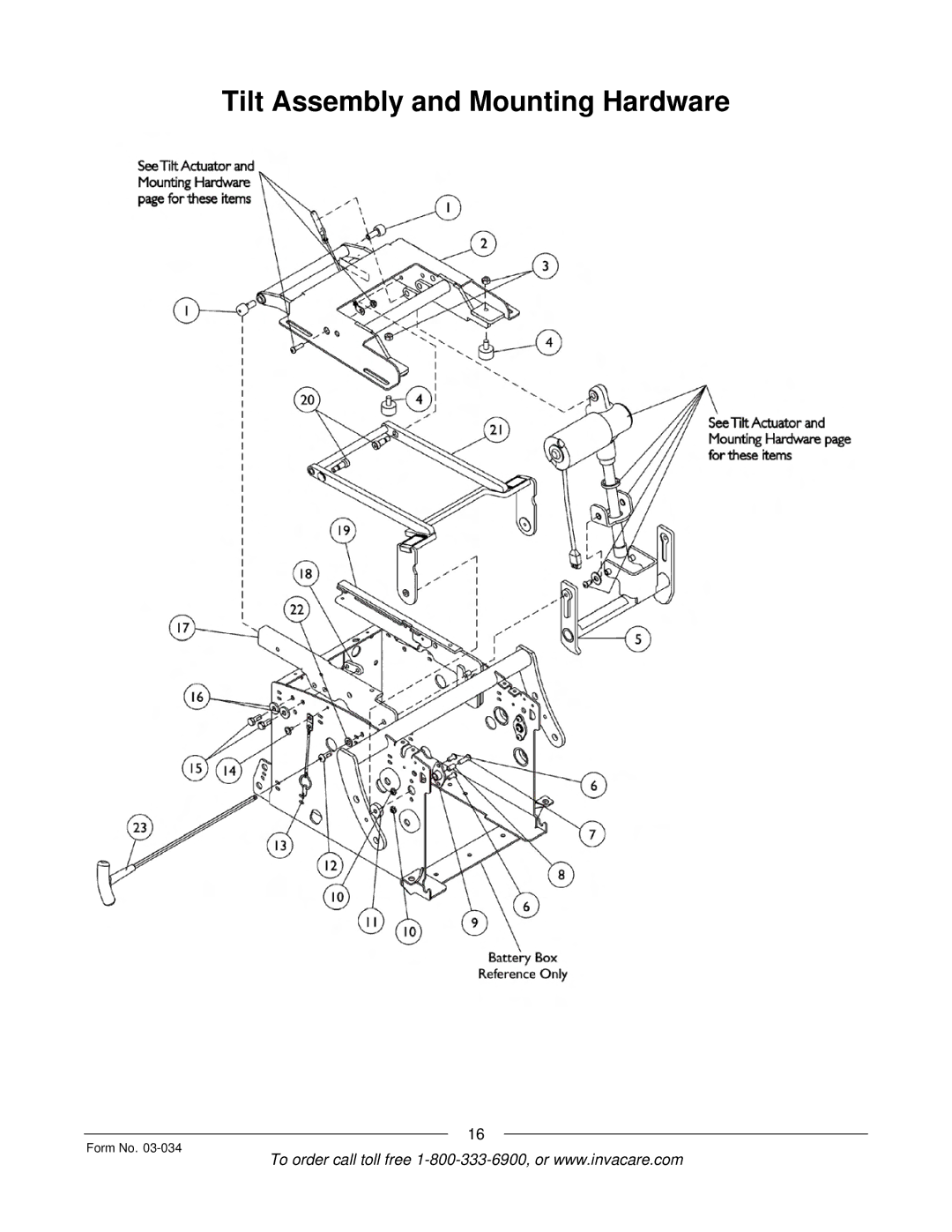 Invacare Storm Series manual Tilt Assembly and Mounting Hardware 