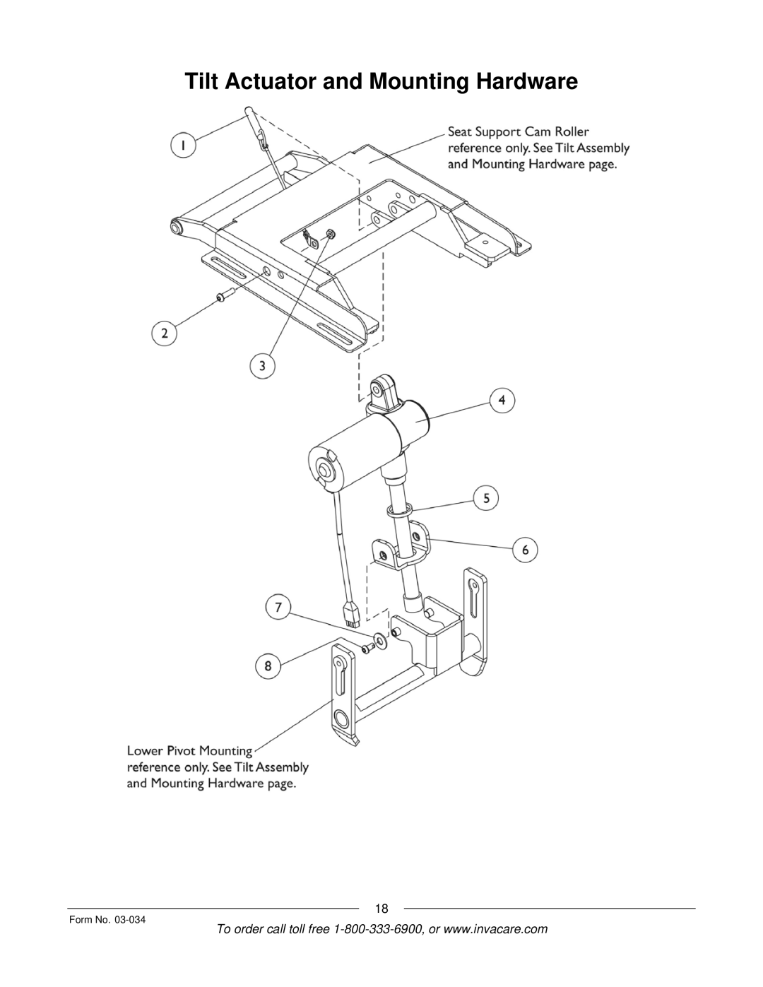 Invacare Storm Series manual Tilt Actuator and Mounting Hardware 