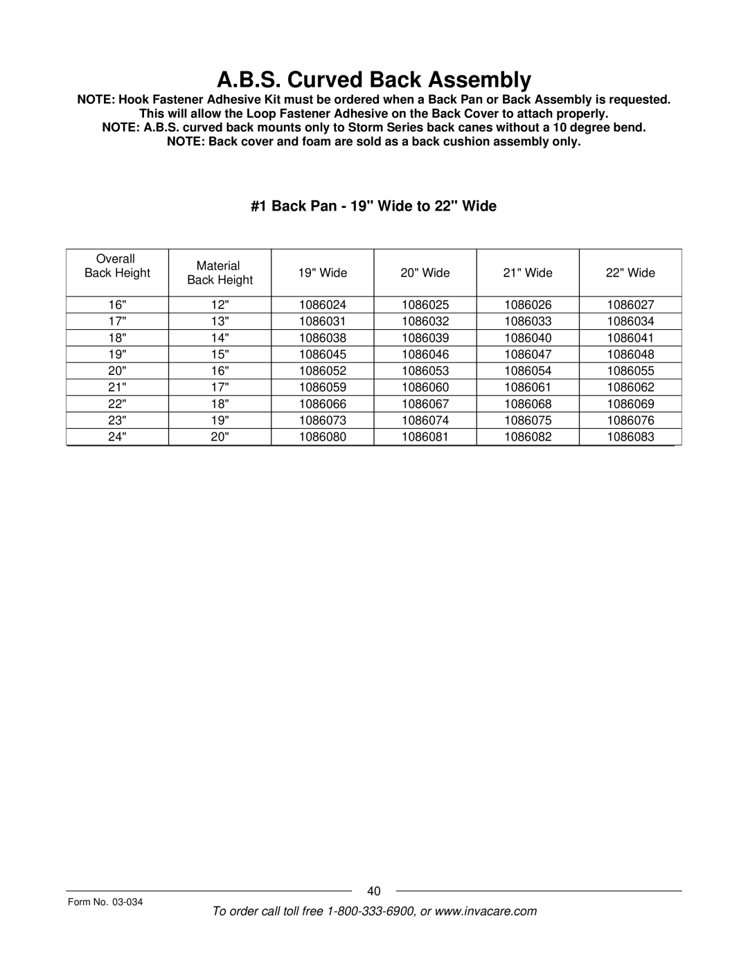Invacare Storm Series manual #1 Back Pan 19 Wide to 22 Wide 