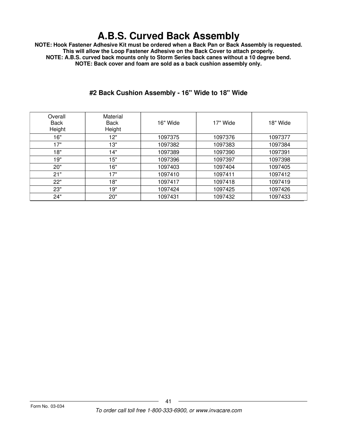 Invacare Storm Series manual #2 Back Cushion Assembly 16 Wide to 18 Wide 