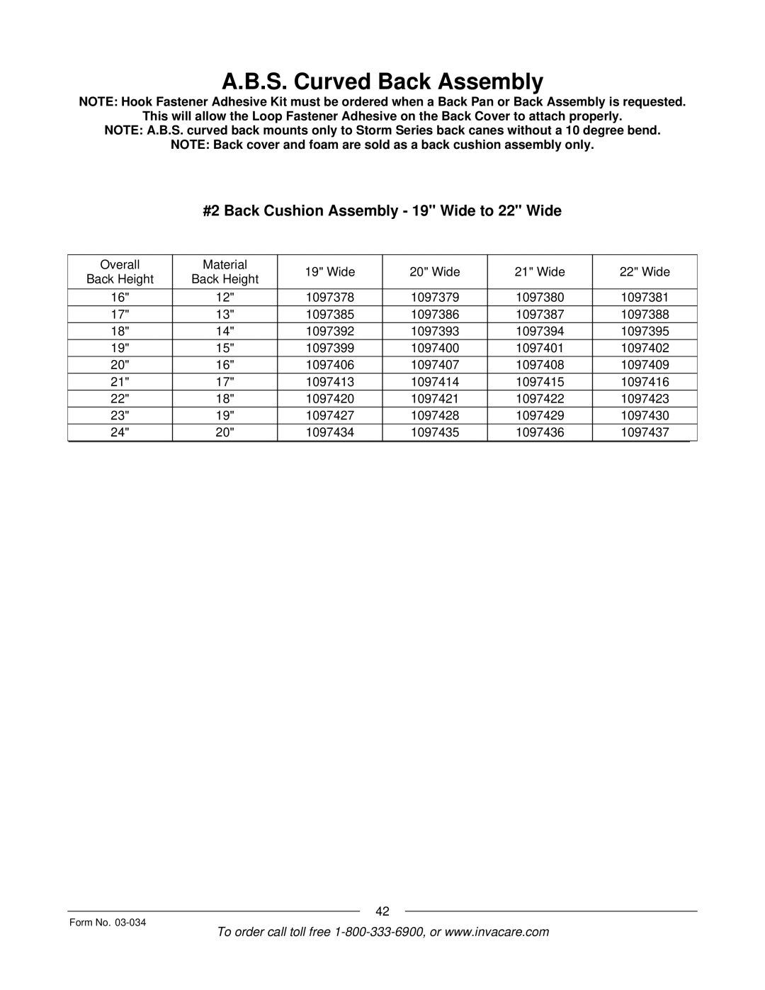 Invacare Storm Series manual #2 Back Cushion Assembly 19 Wide to 22 Wide 