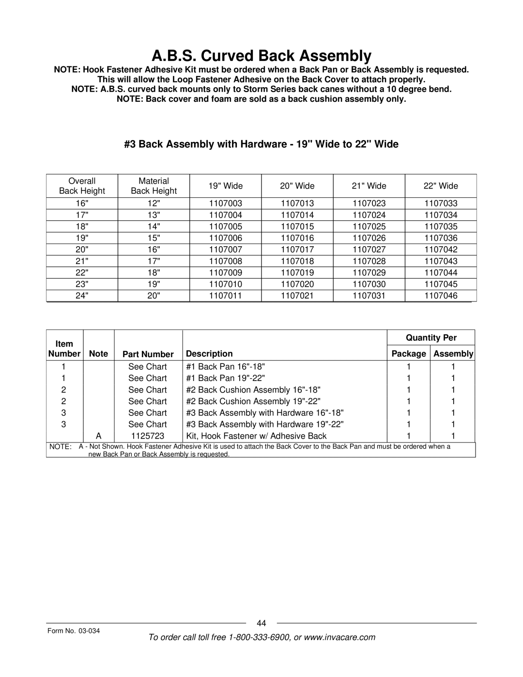 Invacare Storm Series manual #3 Back Assembly with Hardware 19 Wide to 22 Wide 