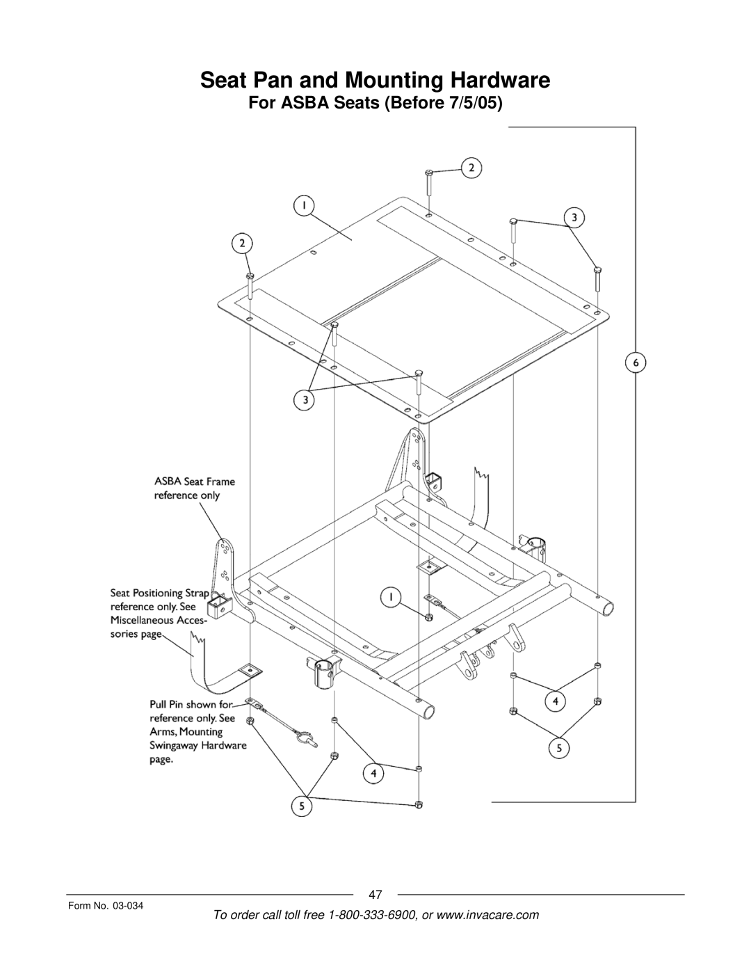 Invacare Storm Series manual Seat Pan and Mounting Hardware 