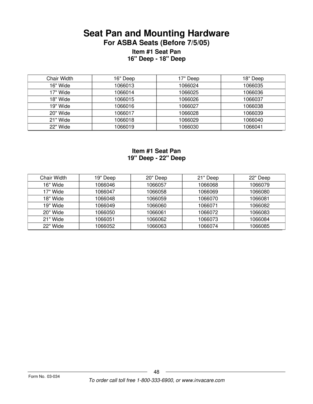 Invacare Storm Series manual Item #1 Seat Pan Deep 18 Deep, Item #1 Seat Pan Deep 22 Deep 