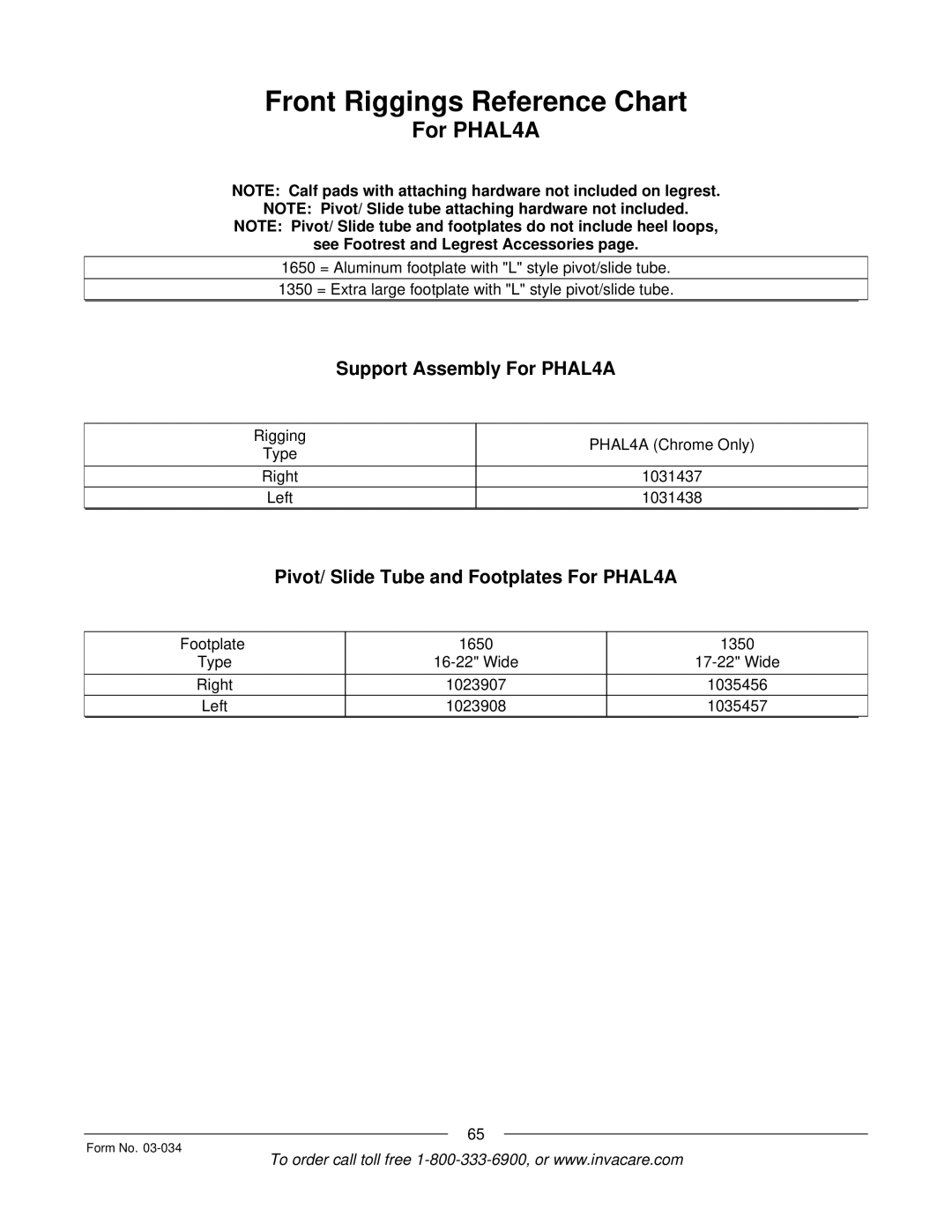 Invacare Storm Series manual Support Assembly For PHAL4A, Pivot/ Slide Tube and Footplates For PHAL4A 