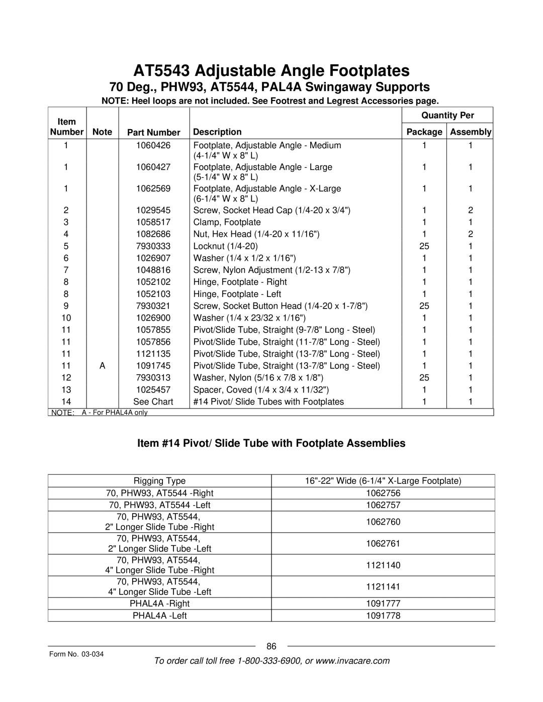 Invacare Storm Series manual Item #14 Pivot/ Slide Tube with Footplate Assemblies 