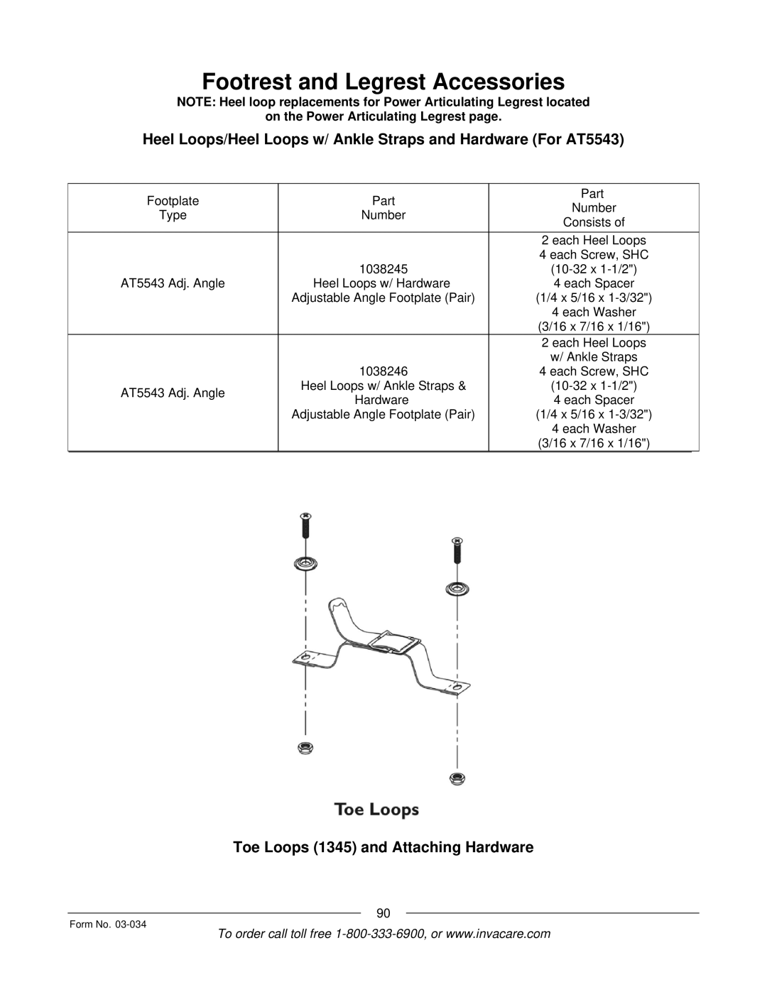 Invacare Storm Series manual Toe Loops 1345 and Attaching Hardware 