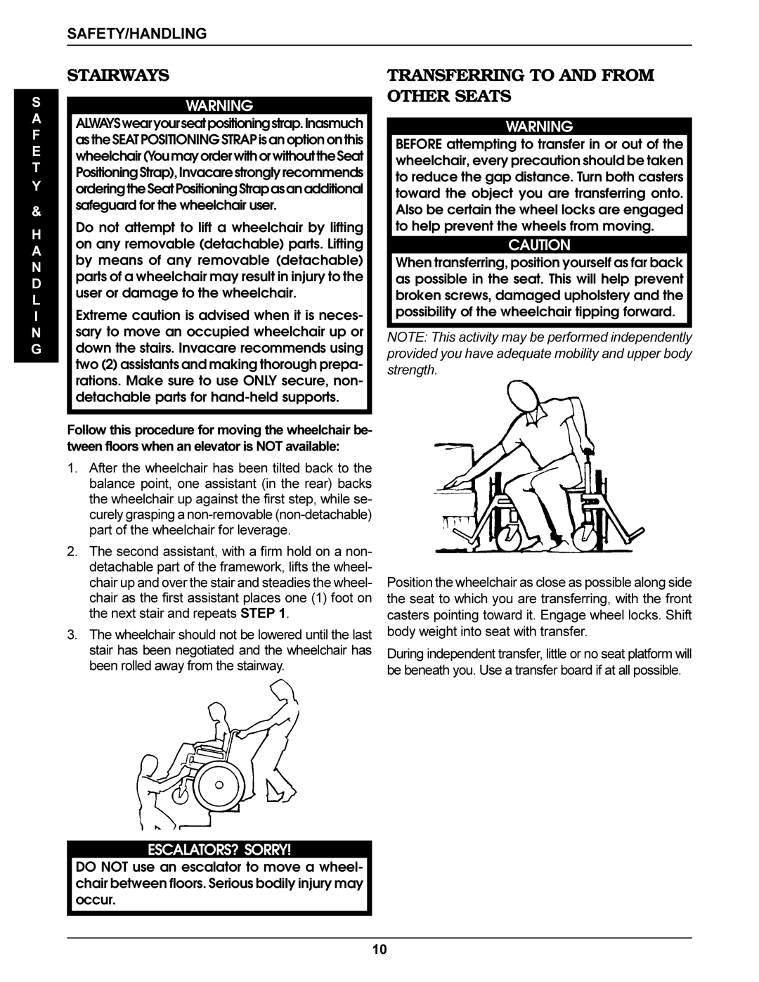 Invacare Tracer DLX, SX Recliner, Tracer Titan, Tracer SX manual Stairways, Transferring to and from Other Seats 