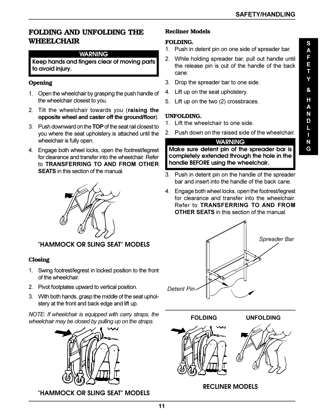 Invacare SX Recliner, Tracer Titan, Tracer SX Folding and Unfolding the Wheelchair, Opening, Recliner Models, Closing 