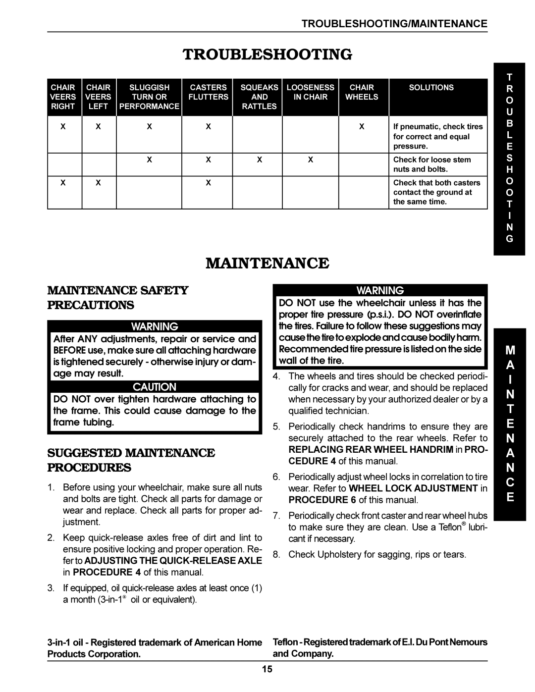 Invacare SX Recliner, Tracer Titan Troubleshooting, Maintenance Safety Precautions, Suggested Maintenance Procedures 