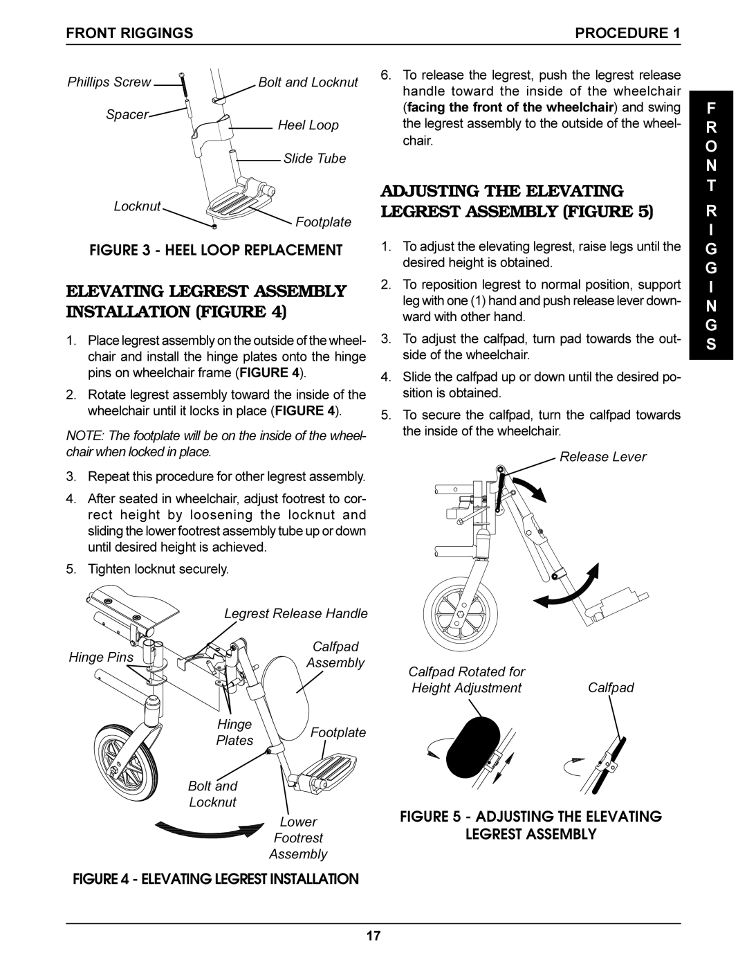 Invacare Tracer DLX, SX Elevating Legrest Assembly Installation Figure, Adjusting the Elevating Legrest Assembly Figure 