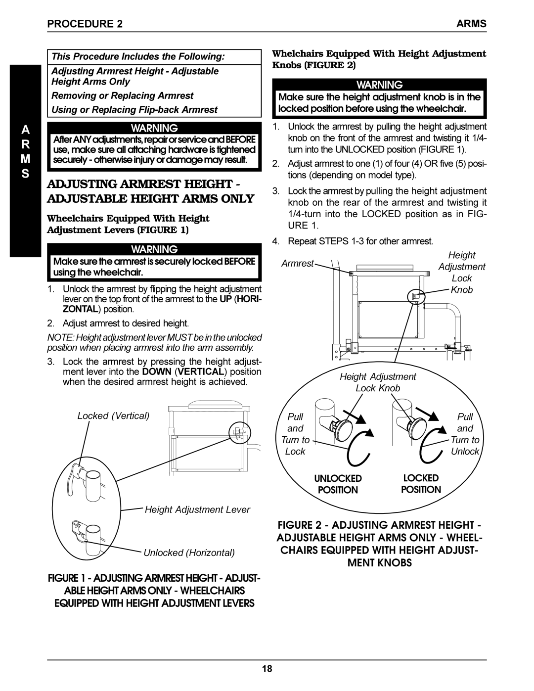 Invacare SX Recliner, Tracer Titan, Tracer DLX, Tracer SX manual Adjusting Armrest Height Adjustable Height Arms only 