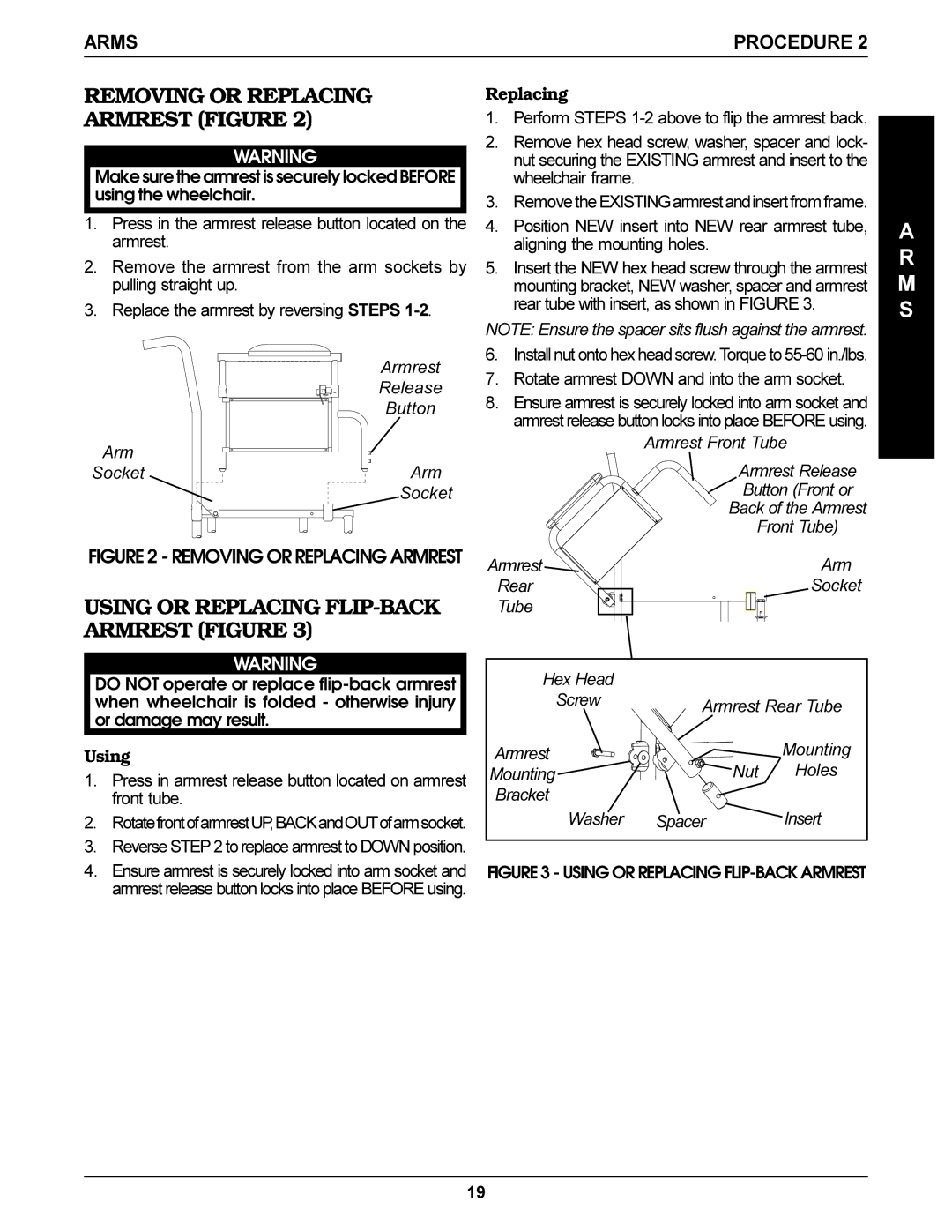 Invacare Tracer SX, SX Recliner, Titan Removing or Replacing Armrest Figure, Using or Replacing FLIP-BACK Armrest Figure 