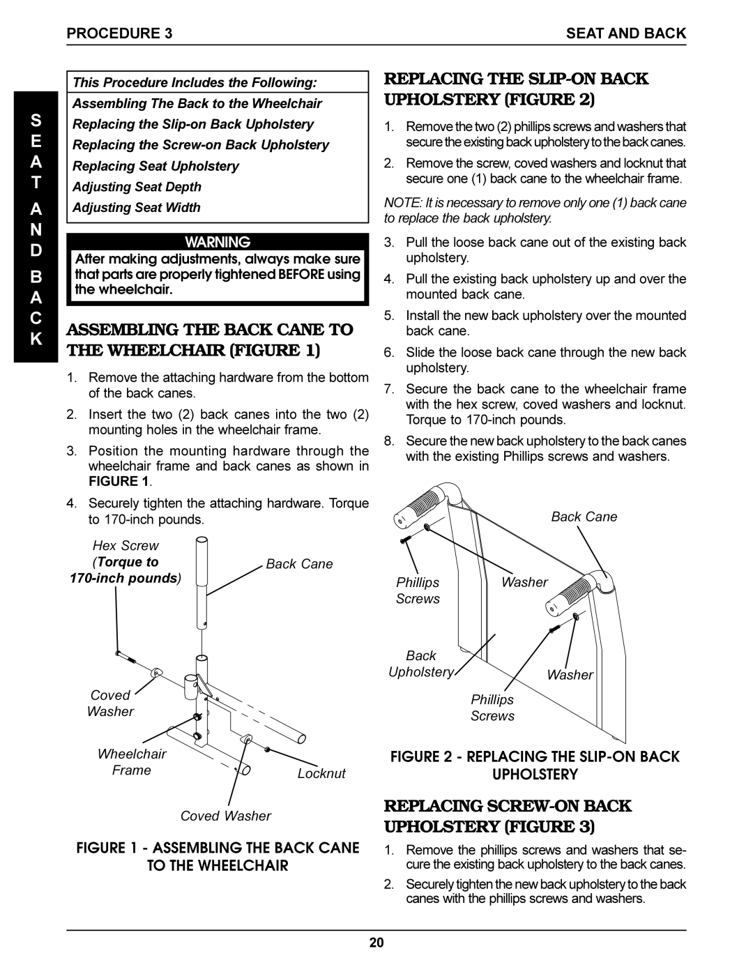 Invacare DLX, SX, Titan Assembling the Back Cane to the Wheelchair Figure, Replacing the SLIP-ON Back Upholstery Figure 