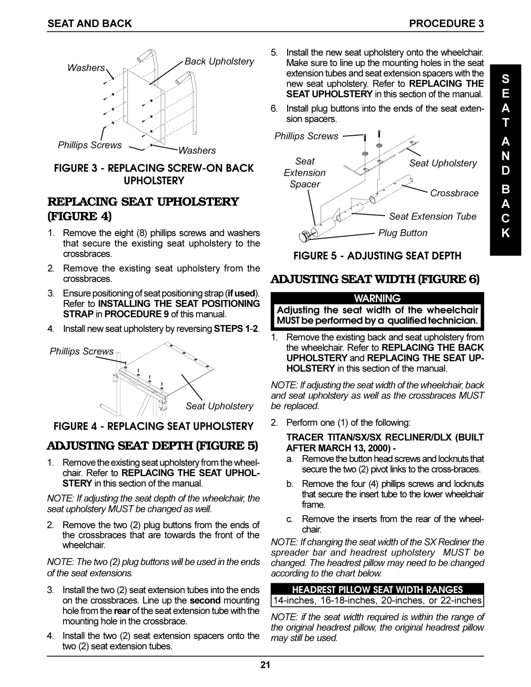 Invacare SX Recliner, Titan Replacing Seat Upholstery Figure, Adjusting Seat Depth Figure, Adjusting Seat Width Figure 