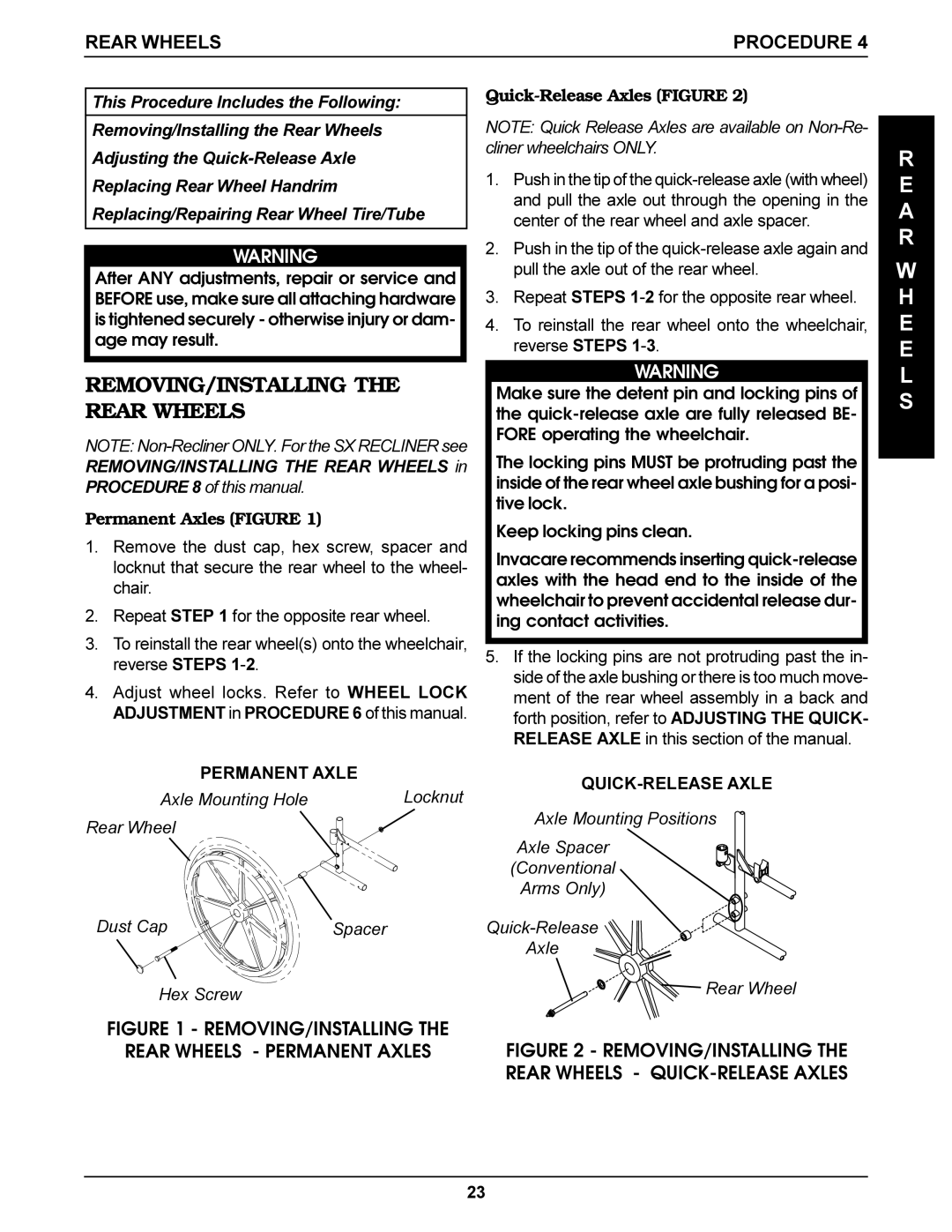 Invacare Tracer Titan, SX, DLX manual REMOVING/INSTALLING the Rear Wheels, Quick-Release Axles Figure, Permanent Axles Figure 