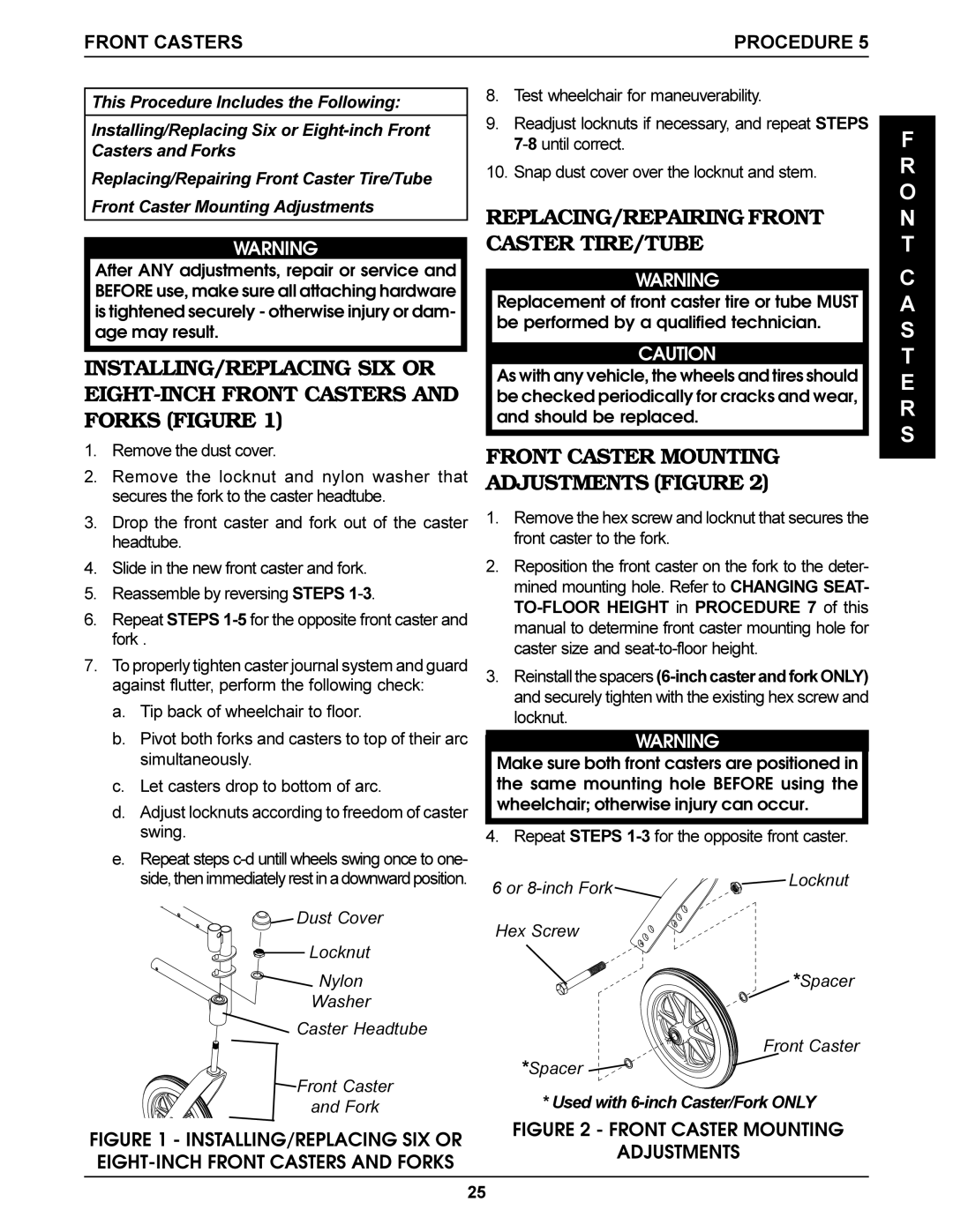 Invacare Titan, SX Recliner, DLX REPLACING/REPAIRING Front Caster TIRE/TUBE, Front Caster Mounting Adjustments Figure 