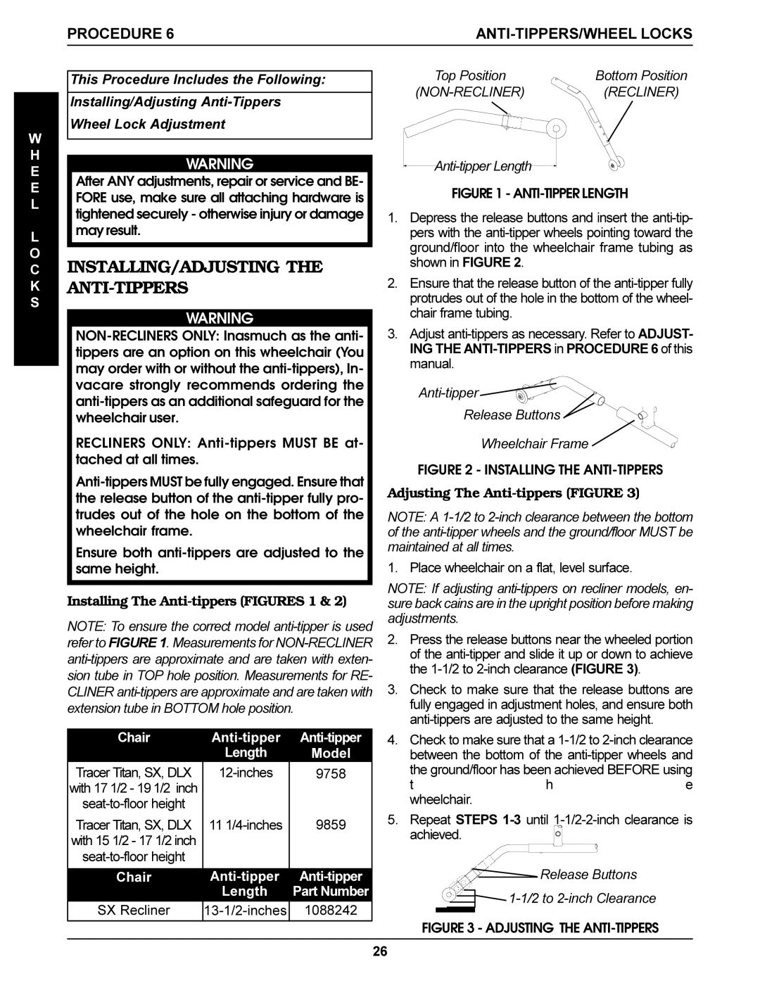Invacare Tracer SX, SX Recliner, Tracer Titan INSTALLING/ADJUSTING the ANTI-TIPPERS, Installing The Anti-tippers Figures 1 