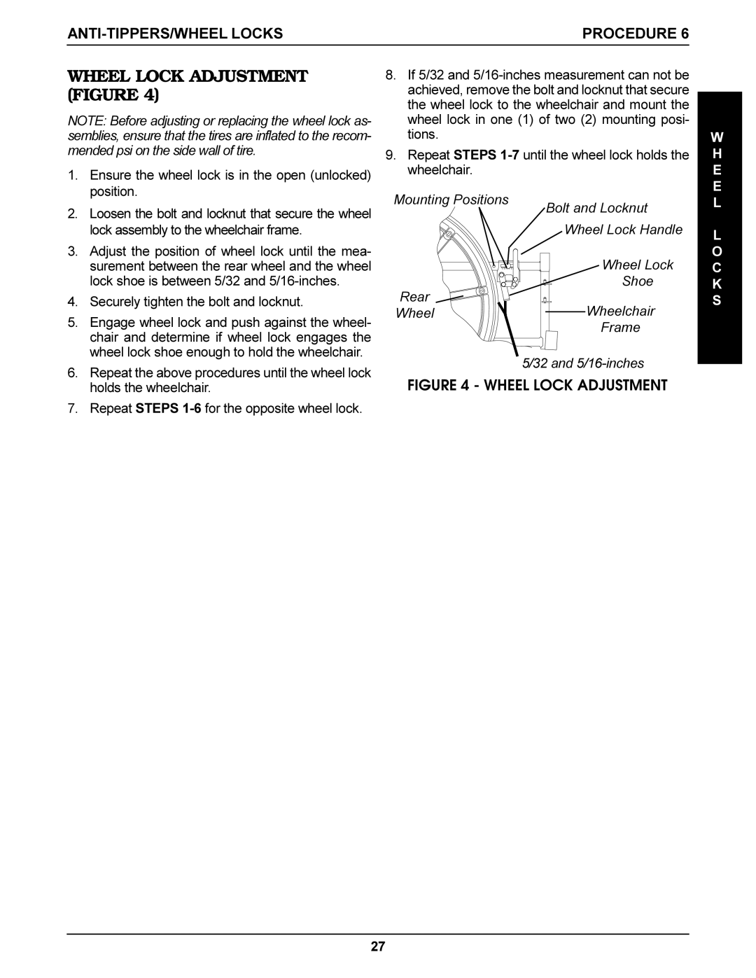 Invacare SX Recliner, Tracer Titan, Tracer DLX, Tracer SX manual Wheel Lock Adjustment Figure 