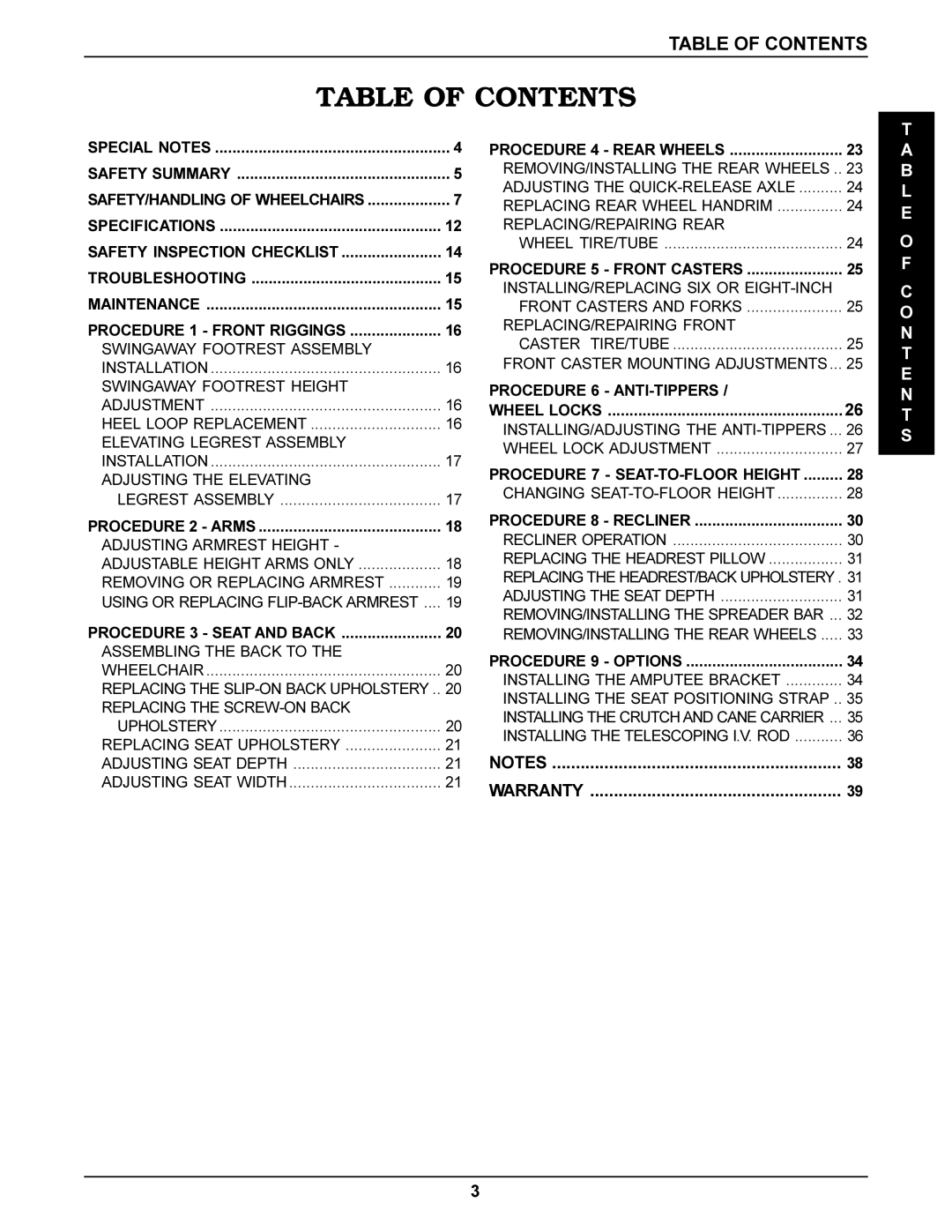 Invacare Tracer DLX, SX Recliner, Tracer Titan, Tracer SX manual Table of Contents 