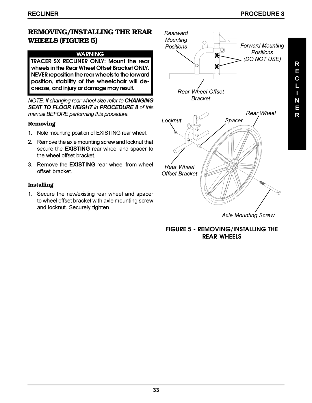 Invacare Tracer SX, SX Recliner, Tracer Titan REMOVING/INSTALLING the Rear Wheels Figure, REMOVING/INSTALLING Rear Wheels 