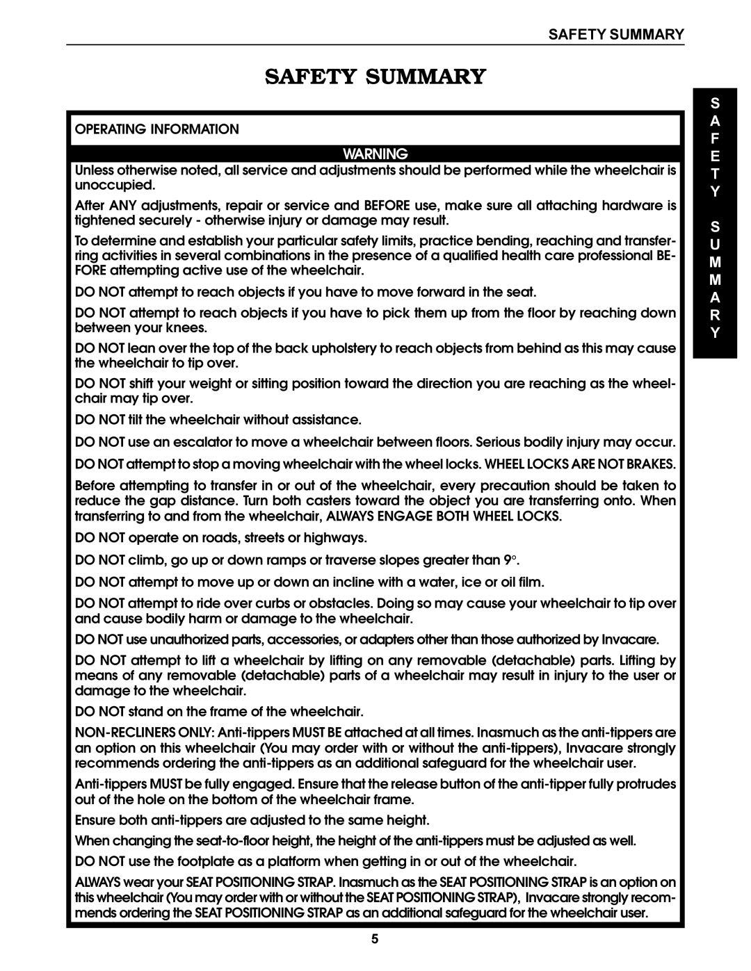 Invacare Tracer SX, SX Recliner, Tracer Titan, Tracer DLX manual Safety Summary, Operating Information 