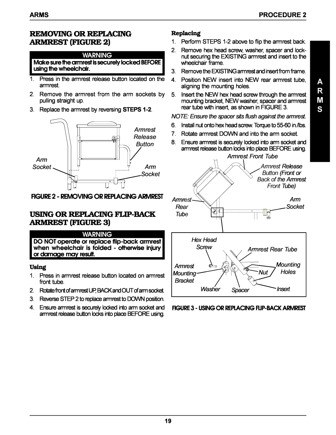 Invacare Tracer SX, DLX Removing Or Replacing Armrest Figure, Using Or Replacing Flip-Back Armrest Figure, Socket, A R M S 