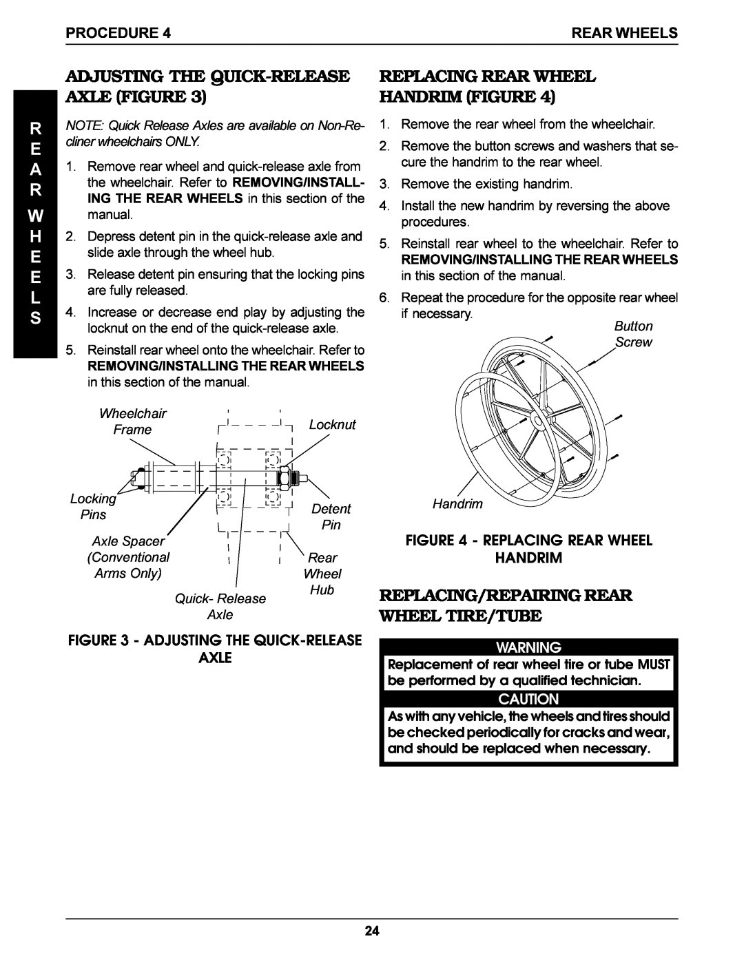 Invacare Tracer DLX, SX R E A R W H E E L S, Replacing Rear Wheel Handrim Figure, Replacing/Repairing Rear Wheel Tire/Tube 